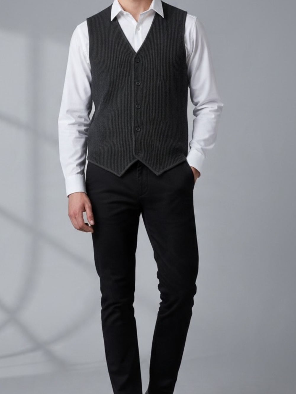 Henry Grethel Vintage Black Ribbed Tight Knit Vest Waistcoat Classic V Neck